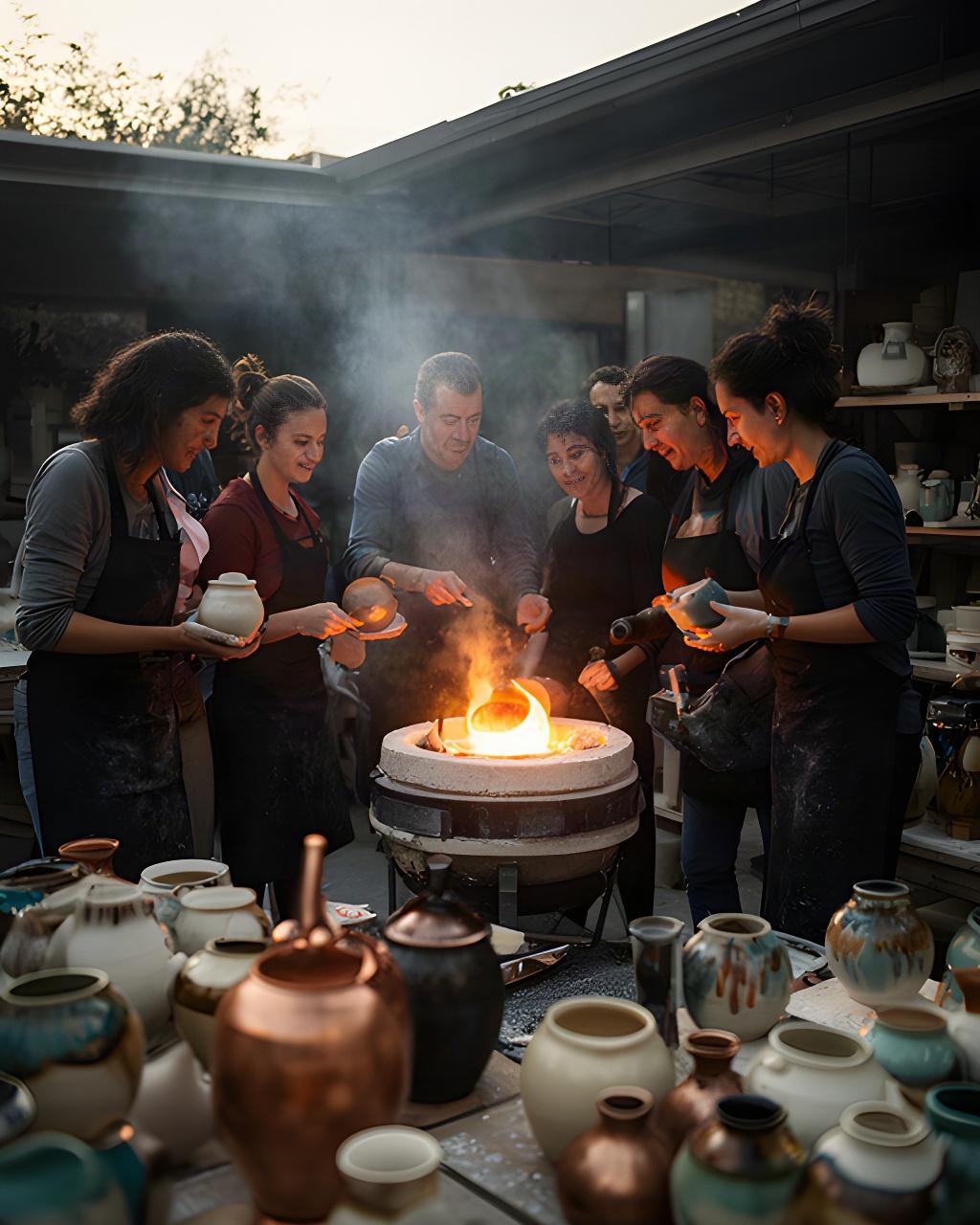 Gruppo di allievi davanti al forno Raku all'aperto, con ceramiche smaltate nel laboratorio