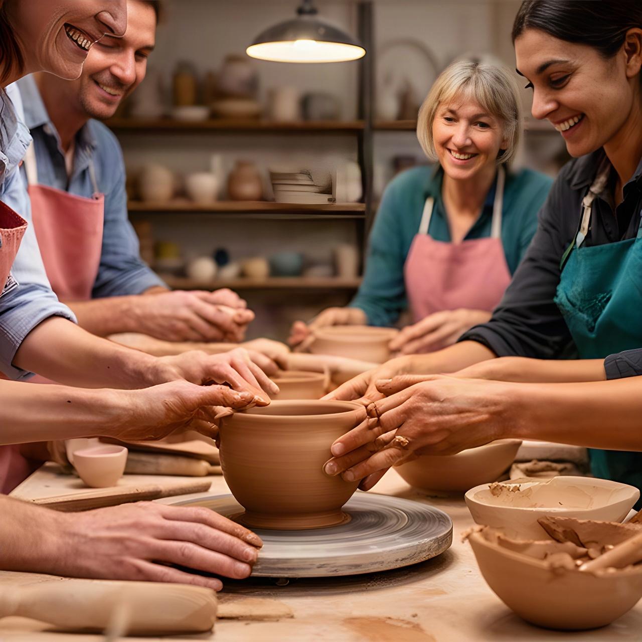 Piccolo gruppo durante un workshop di ceramica, con mani che modellano vasi sul tavolo