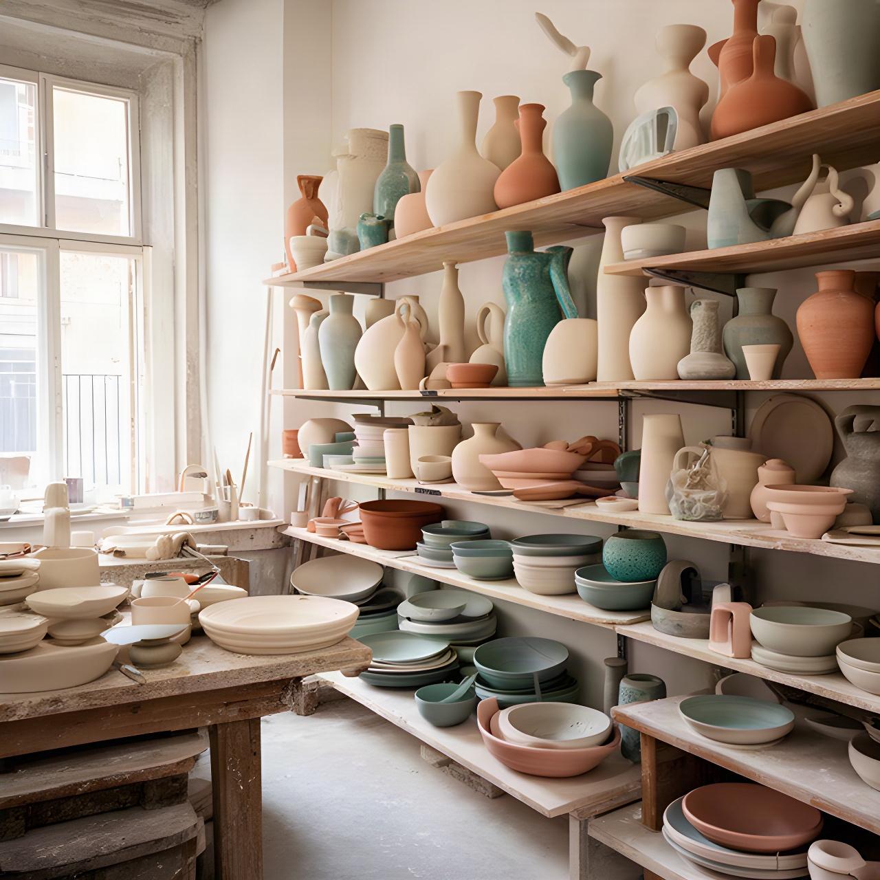 Scaffali di ceramiche artigianali nello studio illuminato di Venezia