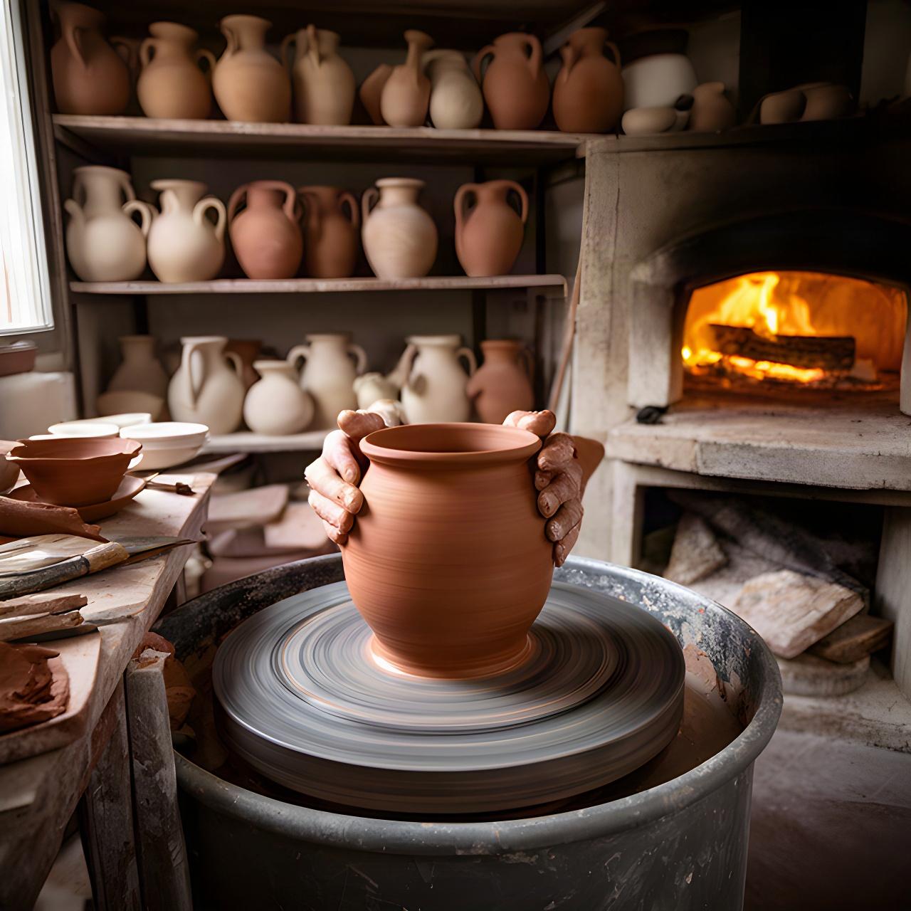 Ceramista al tornio nel laboratorio veneziano, con vasi in argilla e luce calda del forno