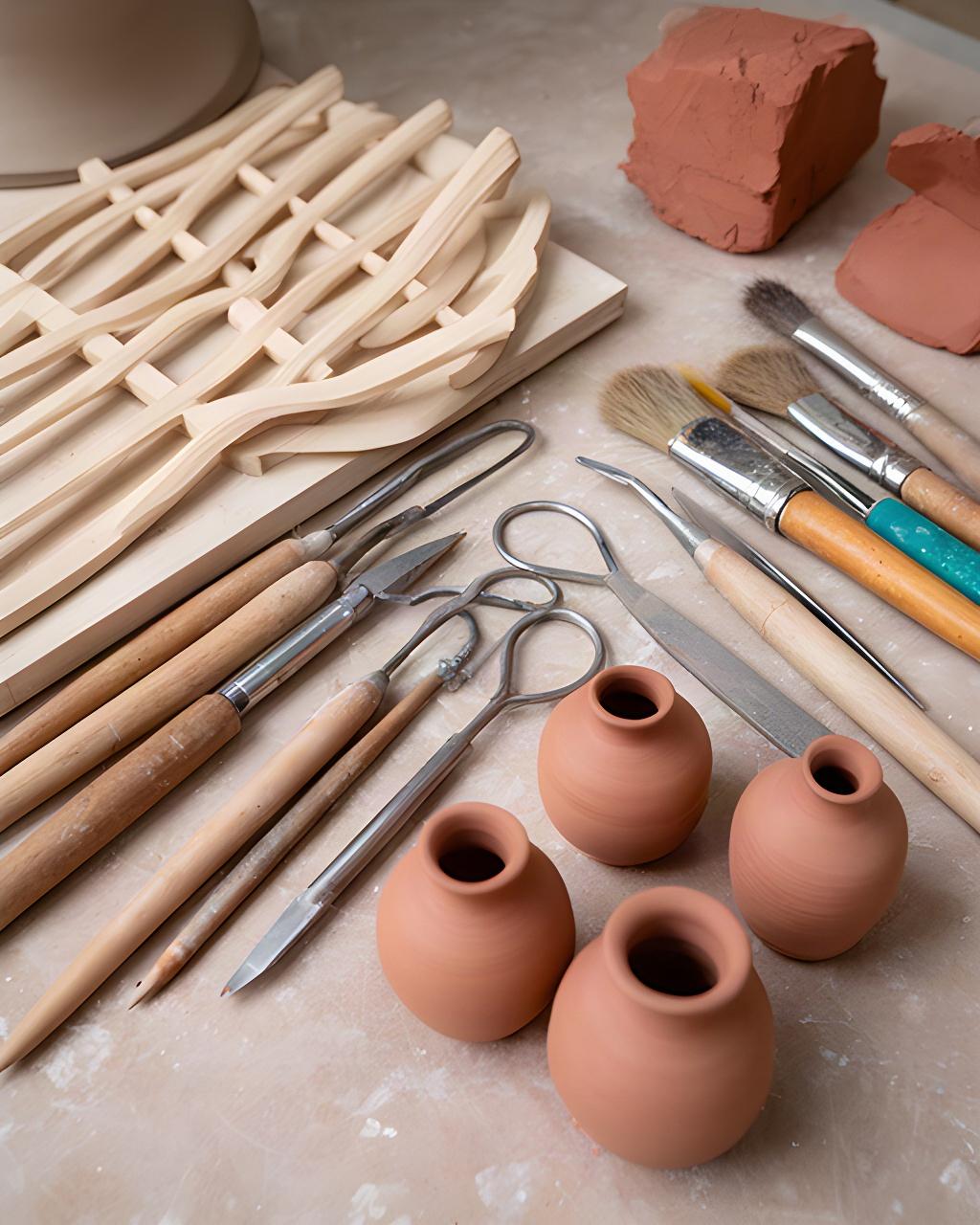 Banco di lavoro con stecche, mirette e piccoli vasi in argilla nello studio di ceramica