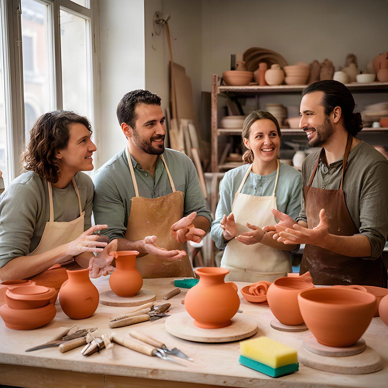 Piccolo team di ceramisti riunito attorno a un tavolo nello studio veneziano, con strumenti e manufatti in argilla