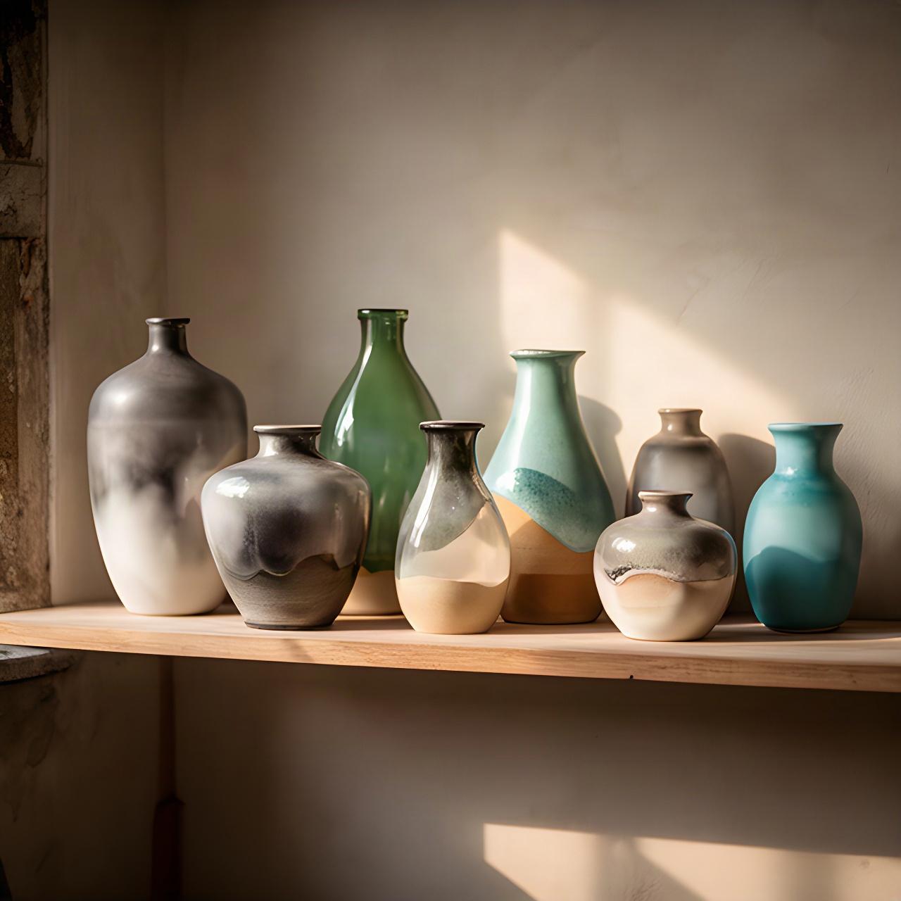Vasi unici della Collezione Venezia disposti su una mensola con luce naturale