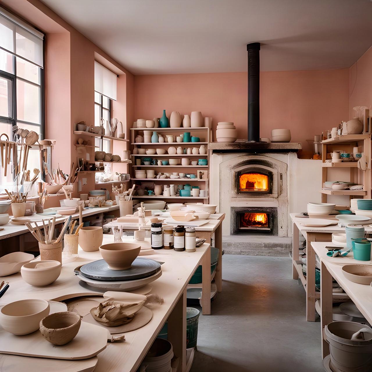 Interno del laboratorio di ceramica a Venezia con tavoli di lavoro, tornio e scaffali di manufatti