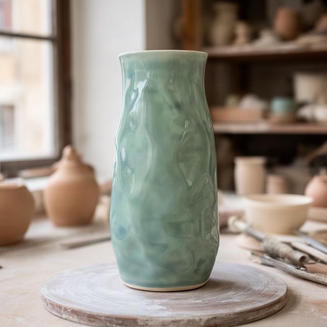 Vaso alto smaltato nei toni della laguna su un banco di lavoro in ceramica