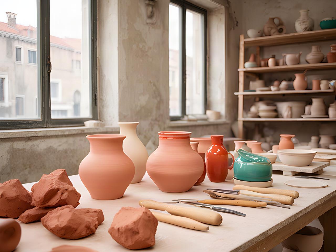 Banco di lavoro in uno studio veneziano con vasi in ceramica, argilla e strumenti da tornio