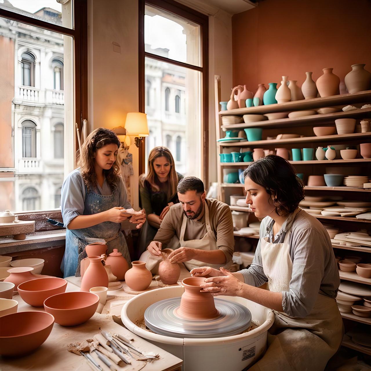Ceramisti al lavoro nello studio di Venezia, tra tornio, argilla e scaffali di vasi smaltati