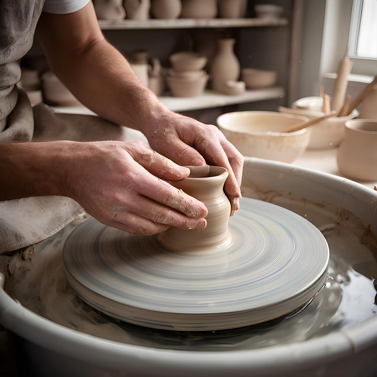 Interno dello studio di ceramica con mani che modellano argilla, luce naturale e pezzi in asciugatura