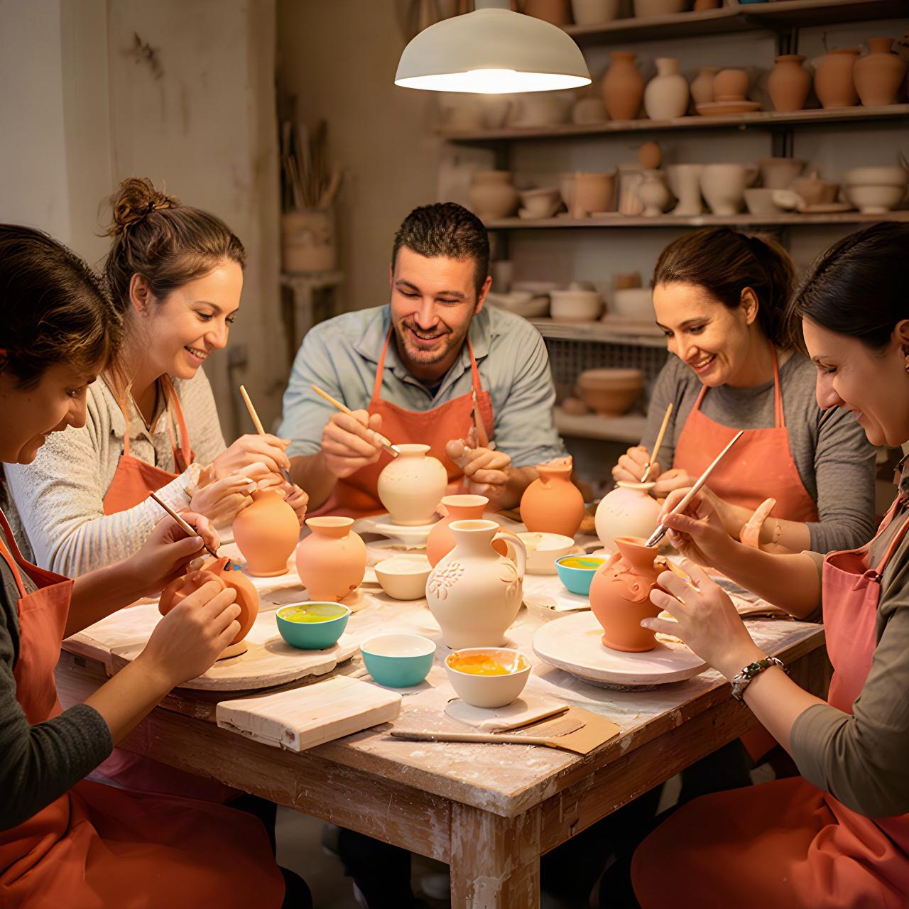 Partecipanti a un workshop di ceramica mentre decorano piccoli vasi su un tavolo veneziano