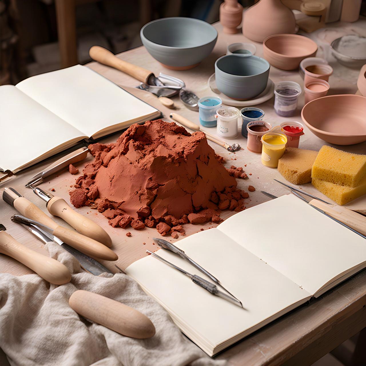 Tavolo di lavoro con argilla, strumenti per la ceramica e quaderni nello studio veneziano