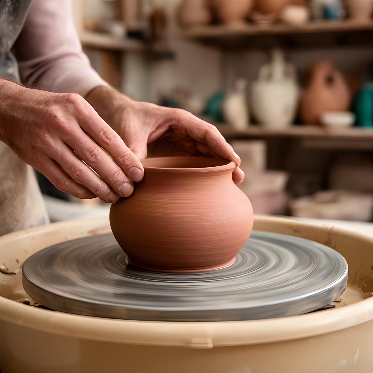 Mani di ceramista che modellano un vaso sul tornio nello studio artigianale di Venezia