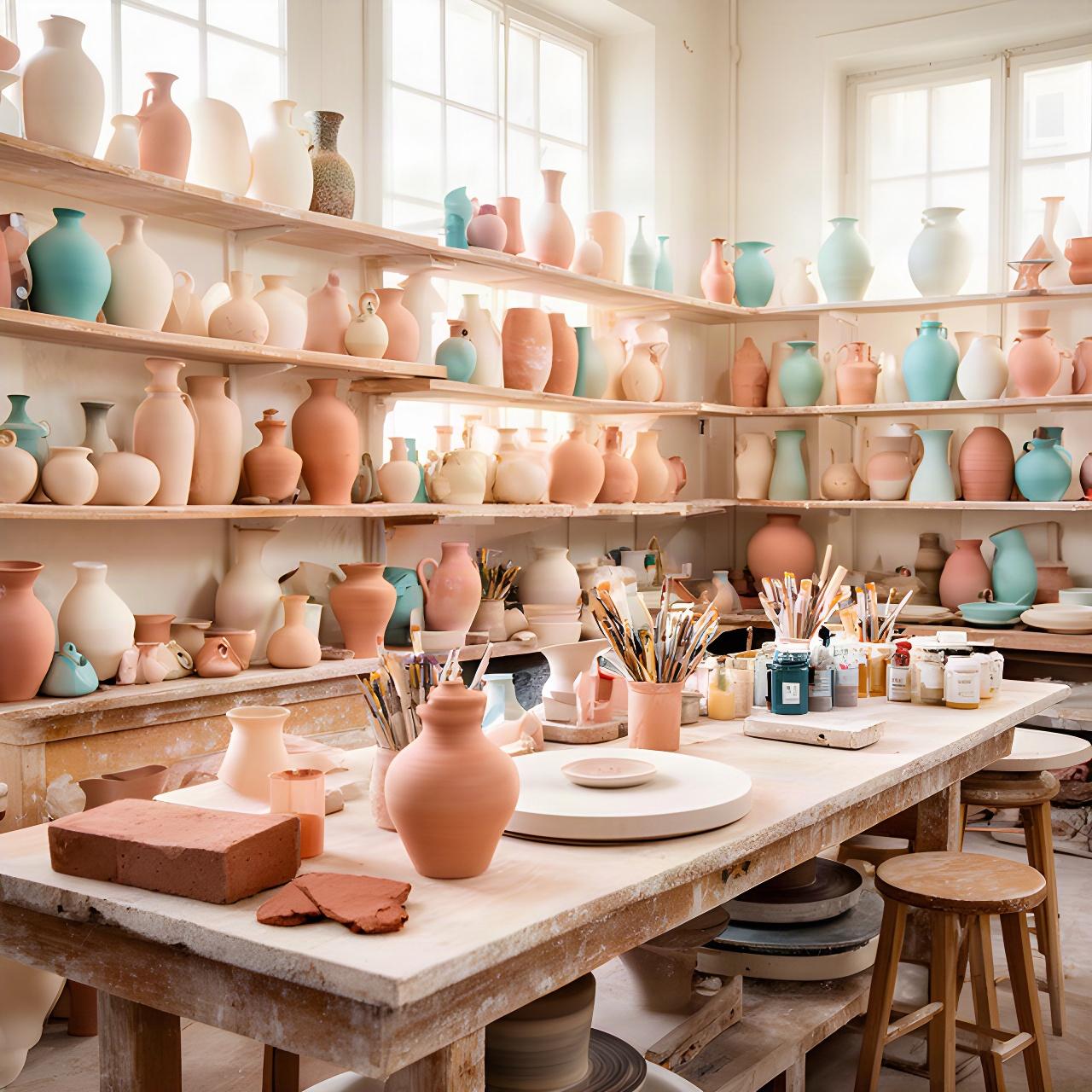 Interno luminoso di un laboratorio di ceramica a Venezia, con scaffali di vasi e banco da lavoro